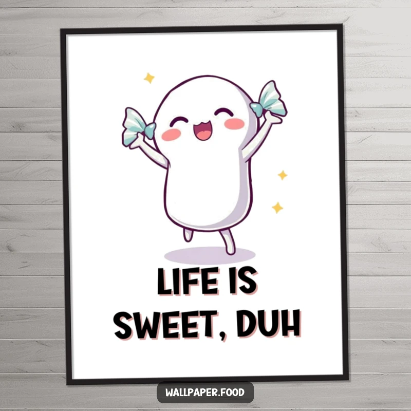 Funny dancing candy poster art of an excited candy with a shimmering wrapper, dancing with pure joy.