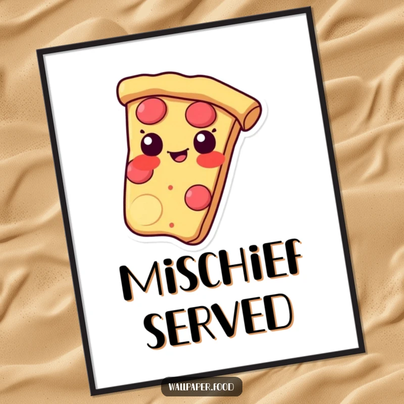 Funny poster of a pizza slice sliding with a mischievous grin on its crust, adding playful decor.