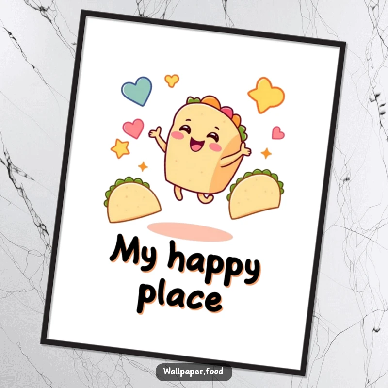Funny taco poster depicting a smiling taco character in a joyful dance amidst a backdrop of floating taco shapes, celebrating good times.