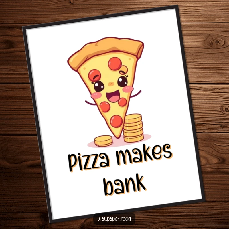 Funny poster of a joyful pizza slice winking while balancing coins, adding lucky and appetizing wall decor.