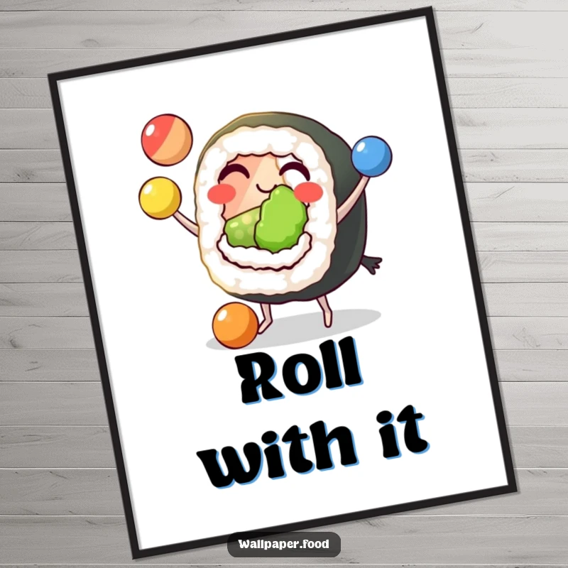 Funny Sushi Juggling Poster showing a grinning sushi roll character with tiny feet, expertly juggling three colorful balls, perfect for adding flair to decor.