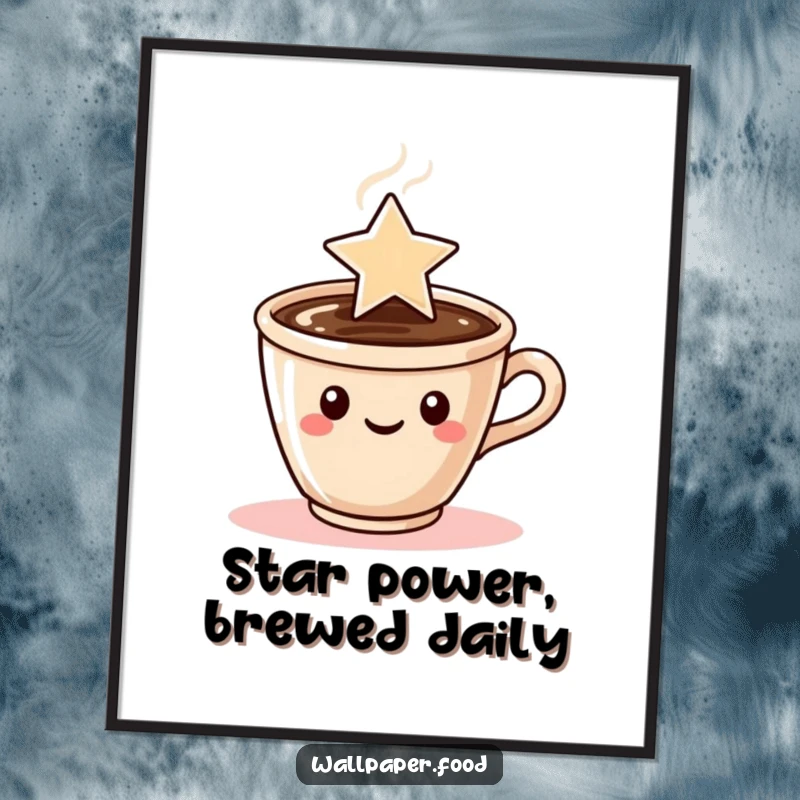 Funny poster print of a coffee cup character with steam artfully sculpted into a prominent star shape.