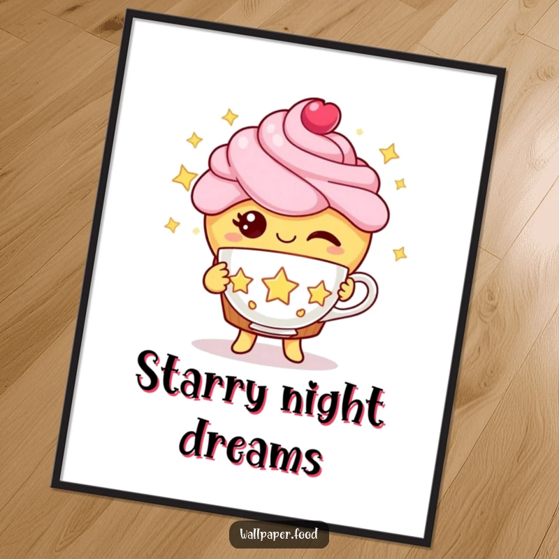Funny cupcake poster depicting a winking cupcake character offering a teacup crafted from shimmering stars, inviting wonder.