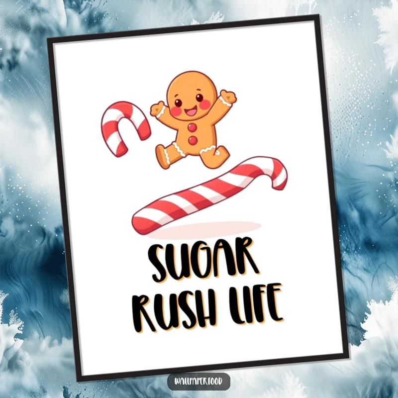 Funny joyful gingerbread man leaping over candy cane stripes, perfect as festive and funny poster art.