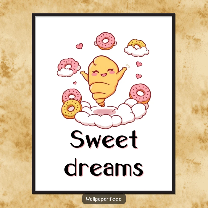 Funny croissant poster depicting a giggling croissant character twirling gracefully among clouds shaped like donuts, celebrating whimsy.