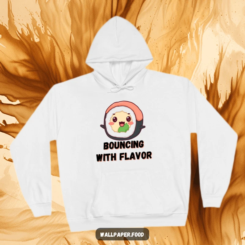 Funny hoodie with a delighted sushi roll with beady eyes happily bouncing, providing warmth and a dose of Japanese food humor. Funny gift.
