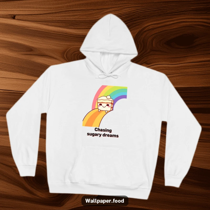 Funny hoodie depicting a grinning cake character sliding down a colorful rainbow, offering cozy vibes and a cheerful, whimsical design.