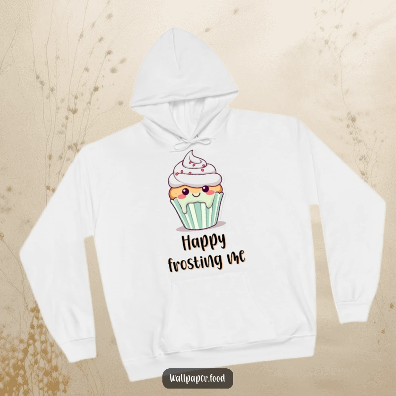 Funny hoodie featuring a smiling cupcake character with frosting happily dripping down its sides, looking delightful.