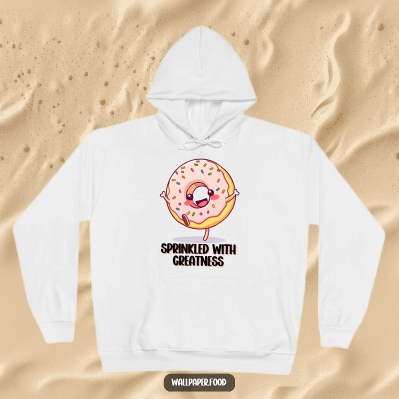 Funny donut hoodie character in a delightful cartwheel, sprinkles flying, radiating pure, unadulterated joy. Cozy and humorous.