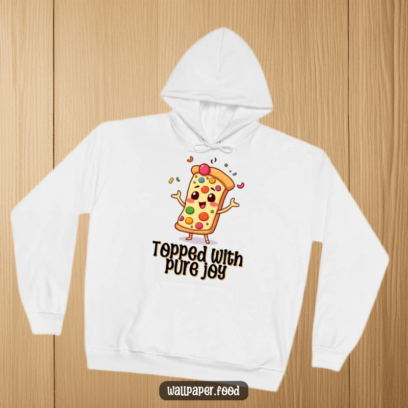 Funny hoodie showcasing a pizza slice character energetically juggling various tasty toppings, perfect for casual and fun wear.
