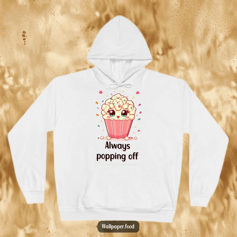 Funny hoodie with a playful popcorn character with wide eyes celebrating by throwing a burst of confetti.