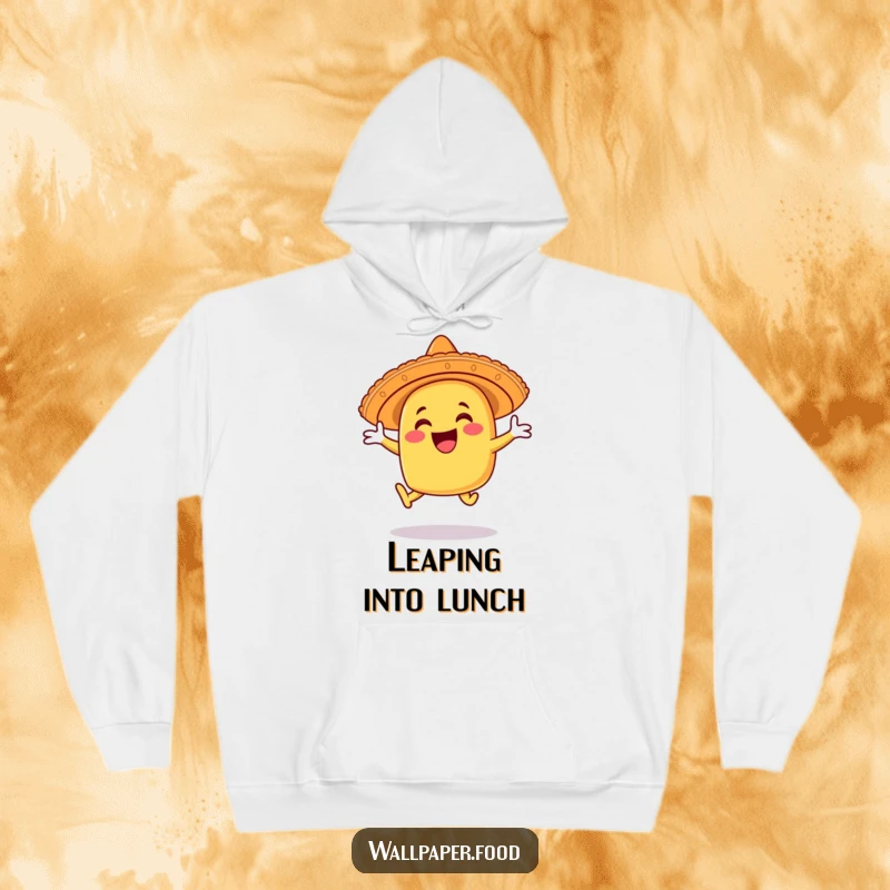 Funny taco hoodie character in a joyful leap, sombrero tilted, radiating pure happiness and festive energy.