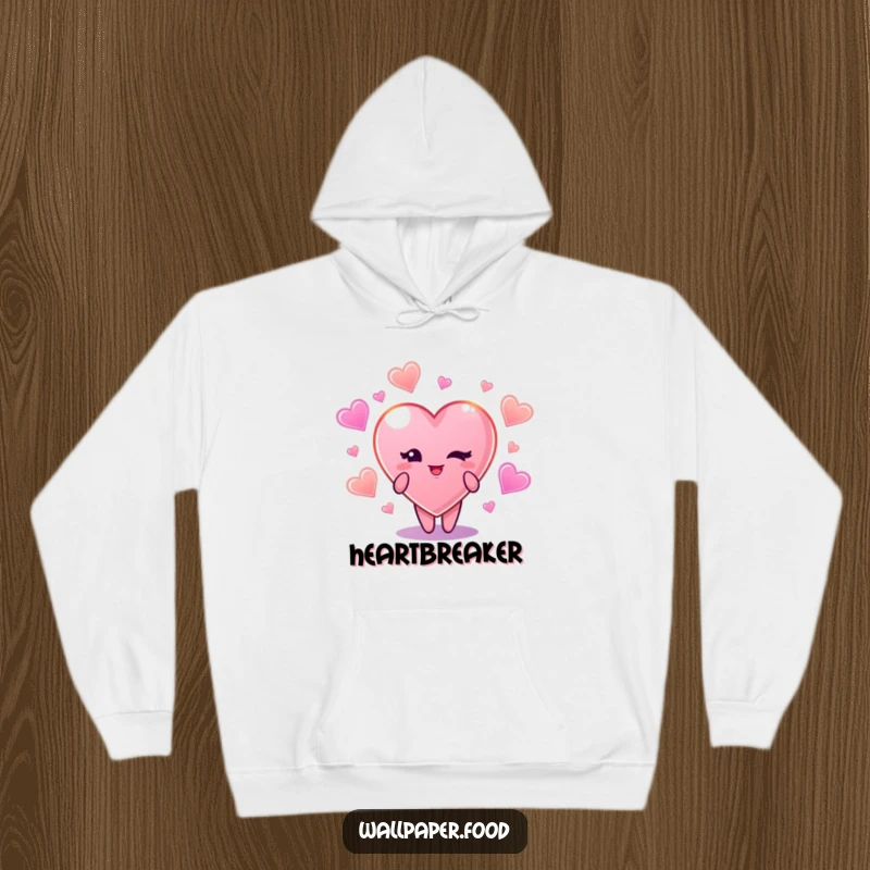 Funny hoodie showcasing a charming candy heart character winking, surrounded by an aura of glowing, colorful candy shapes.