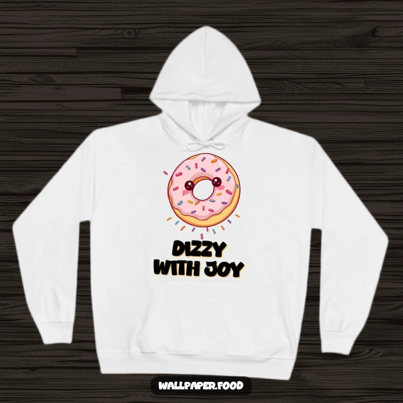 Funny hoodie with a happily spinning donut showering sprinkles, perfect for cozy moments and sweet vibes.