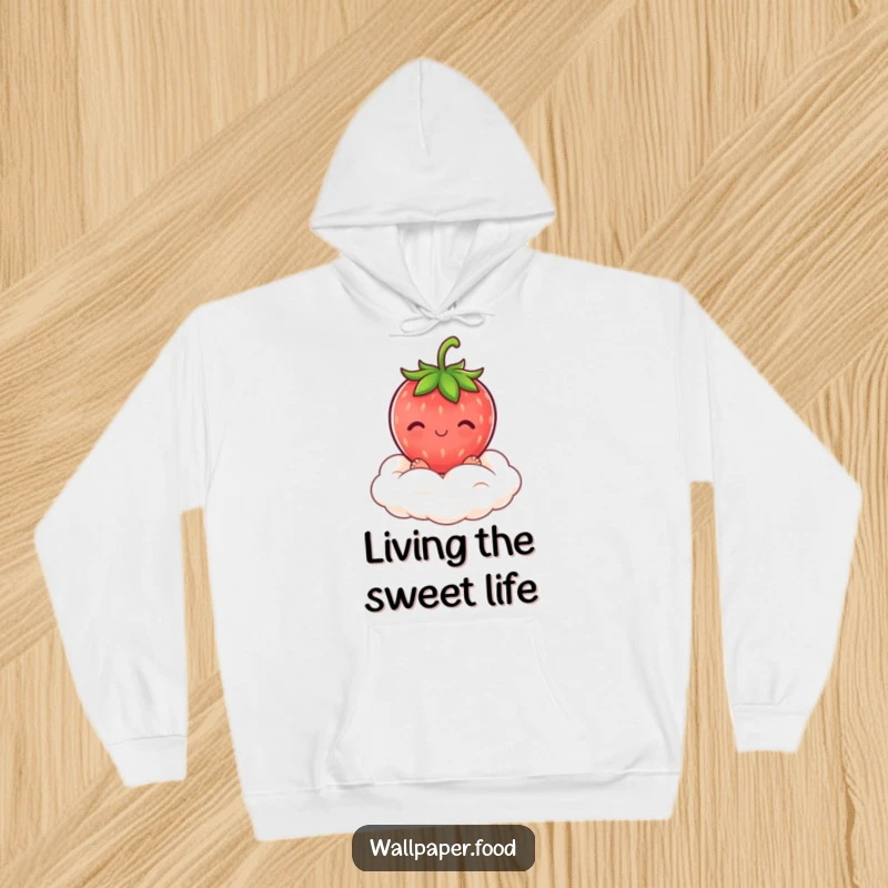 A blushing strawberry character resting on a fluffy cream cloud, featured on a cozy and funny hoodie.