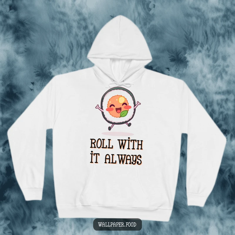 Funny hoodie depicting a sushi roll with legs mid-leap, embodying pure delight and playful movement.