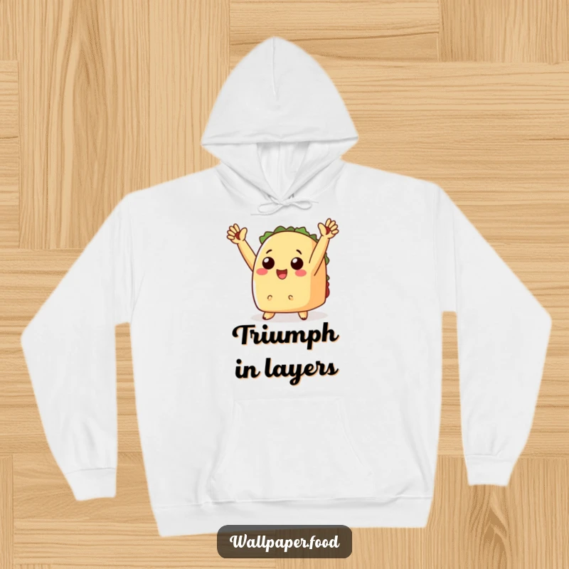 Funny hoodie with a cheering taco raising tiny arms in triumph, perfect for celebrating wins in comfort.