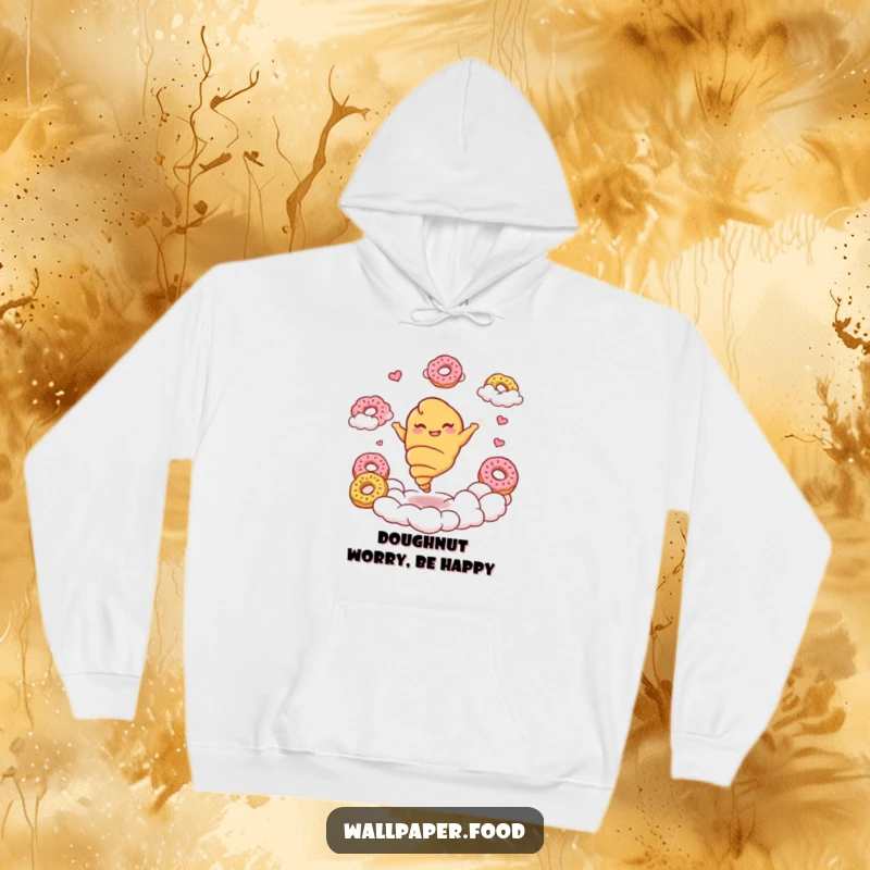 Funny croissant hoodie featuring a giggling croissant character gracefully twirling amidst clouds made of donuts, radiating comfort.