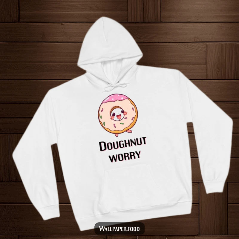 Funny cozy hoodie featuring a doughnut character doing a happy spin, perfect for spreading warmth and joy.