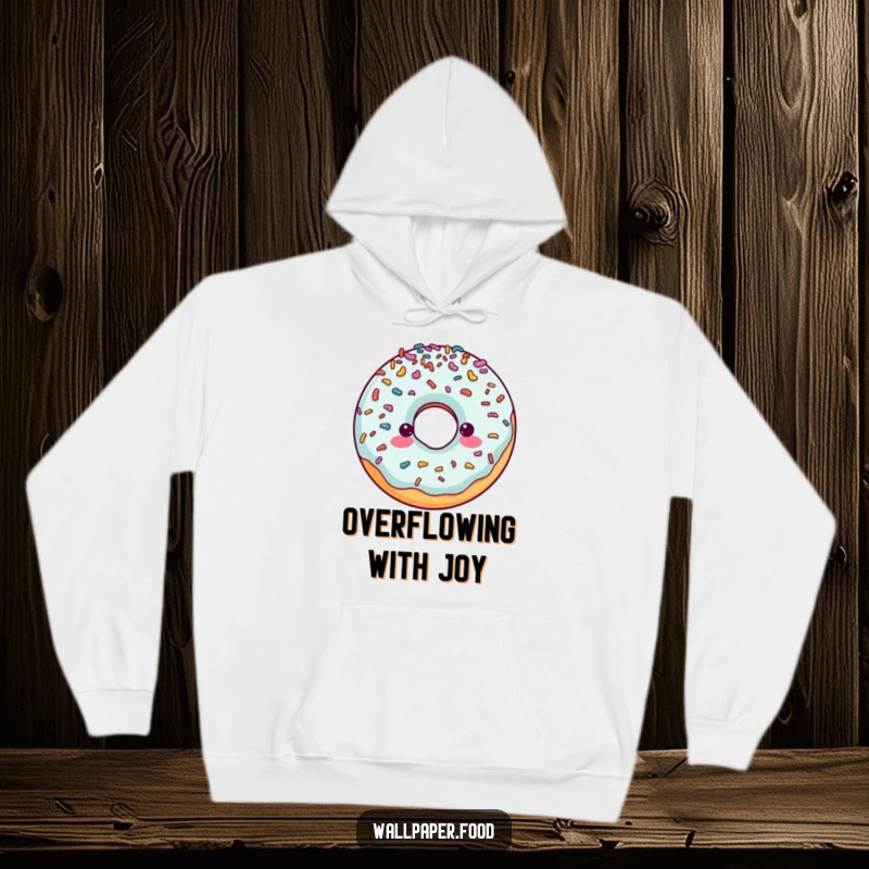 Funny hoodie illustrated with a cheerful doughnut character literally bursting with an abundance of colorful sprinkles, exuding fun.