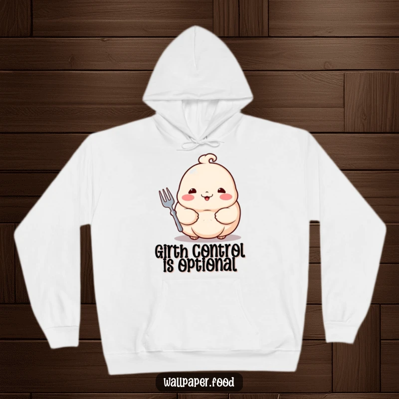Funny dumpling hoodie featuring a proud, rosy-cheeked dumpling holding a tiny fork, perfect for cozying up with a smile.