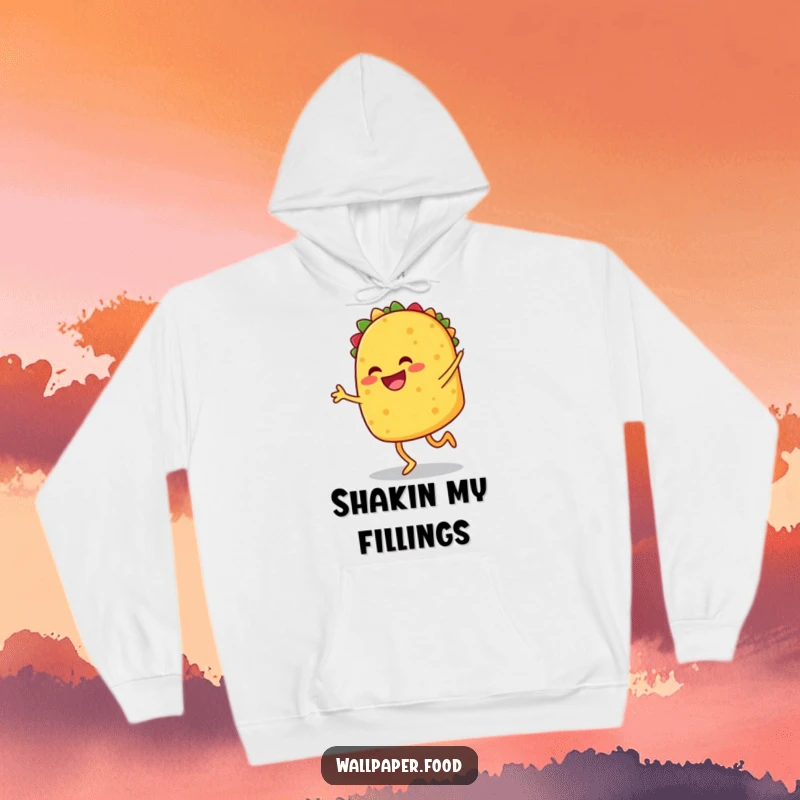 Funny hoodie with a smiling taco with legs doing a joyful jig, providing warmth and a dose of Mexican food humor. Funny gift.