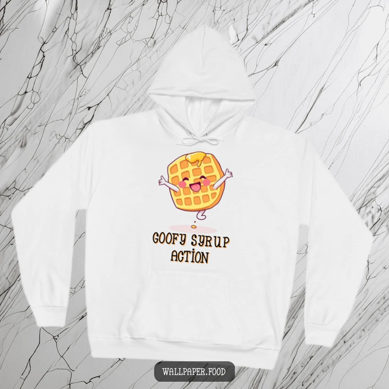 Funny hoodie with a syrup-covered waffle character attempting a cartwheel, offering warmth and humor for breakfast enthusiasts.