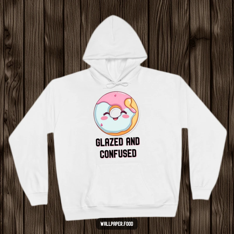 Funny donut hoodie with a content winking face and a bite taken out, offering cozy and humorous vibes.
