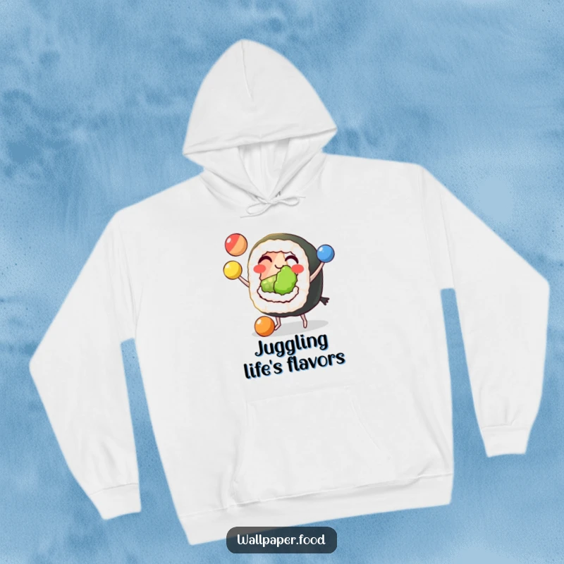 Funny Sushi Juggling Hoodie showing a grinning sushi roll with tiny feet, masterfully juggling three colorful balls, perfect for cozy days.