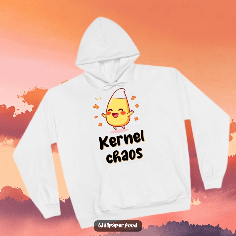 Funny hoodie with a laughing candy corn character playfully bouncing off vibrant, bubbly patterns, perfect for cozy fun.