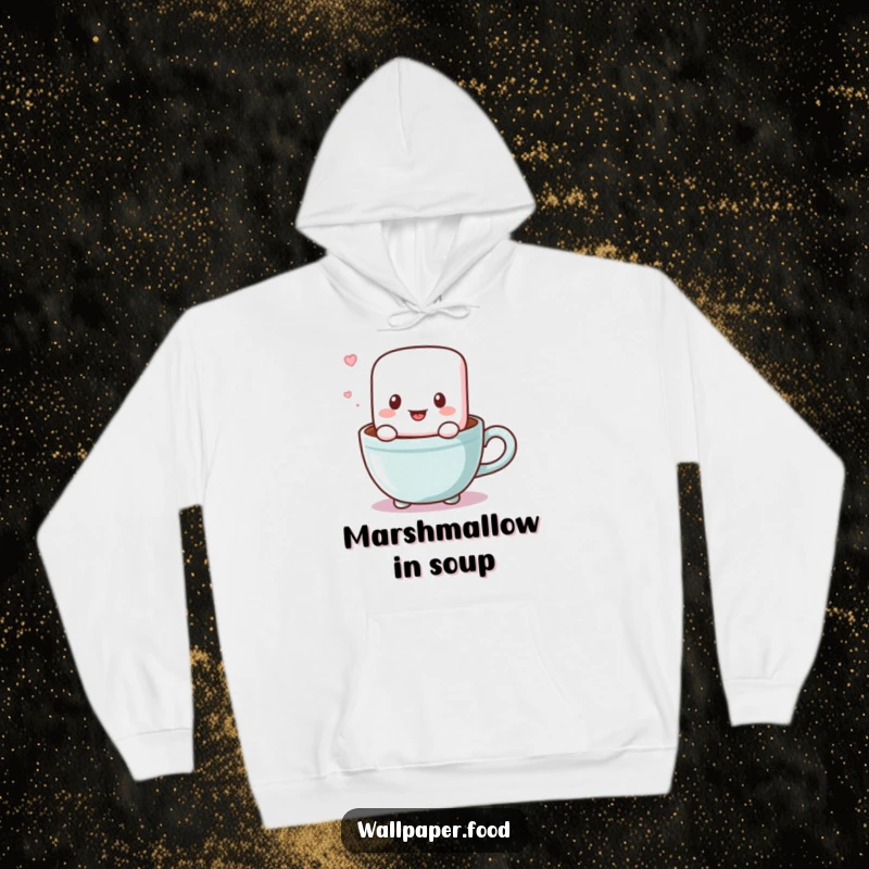 Funny hoodie featuring a soft marshmallow character excitedly bouncing in a mug of hot cocoa, perfect for cozy, humorous moments.