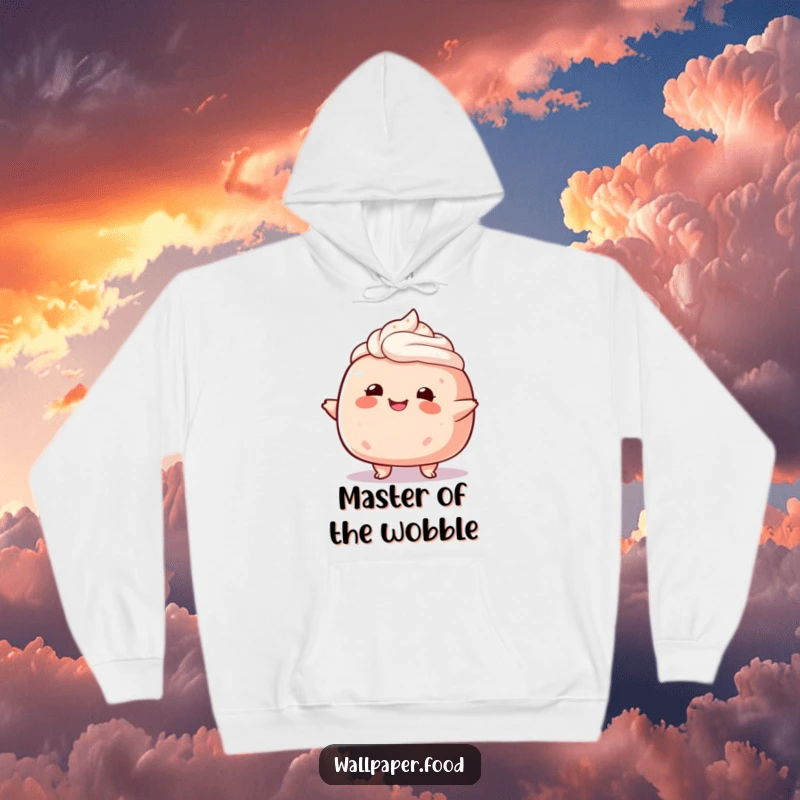 Funny plump cake character hoodie, shown doing a gentle, happy wobble, offering cozy and sweet vibes.