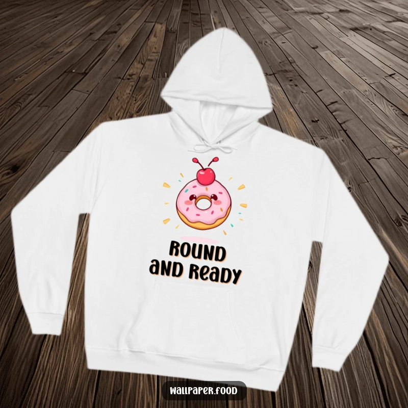 Funny hoodie featuring a dizzy donut character with a cherry topping, spinning madly, offering a warm and humorous embrace.