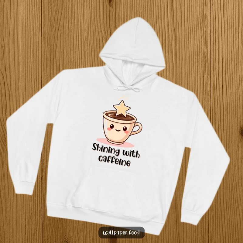 Funny hoodie illustrated with a coffee cup character emitting steam artfully shaped into a shining star, embodying cozy magic.