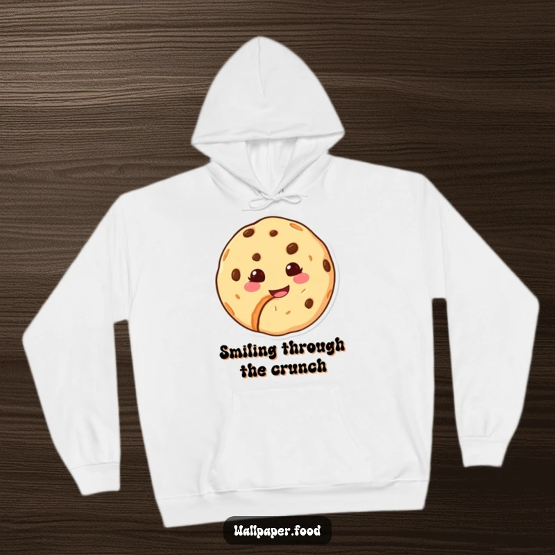 Funny hoodie illustrated with a happy cookie character with a bite removed, revealing a content and sweet grin.