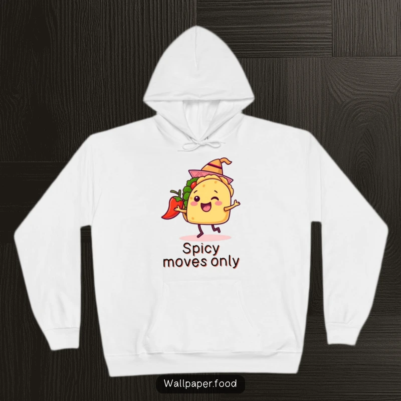 Funny hoodie depicting a jubilant taco in a miniature hat twirling with a lively chili pepper, a celebration of food and dance.
