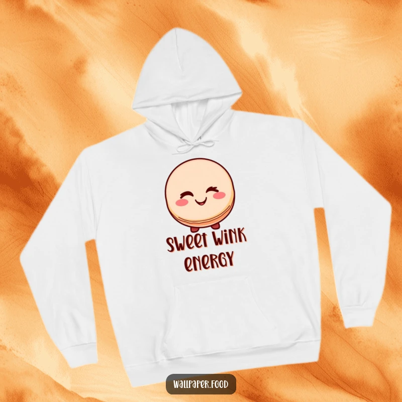 Funny hoodie featuring a cheerful macaron character smiling and winking, offering comfort and a sweet, humorous vibe.
