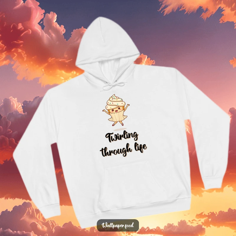 Funny hoodie featuring a whimsical cupcake with sprinkles performing an elegant ballet twirl, perfect for cozy moments.