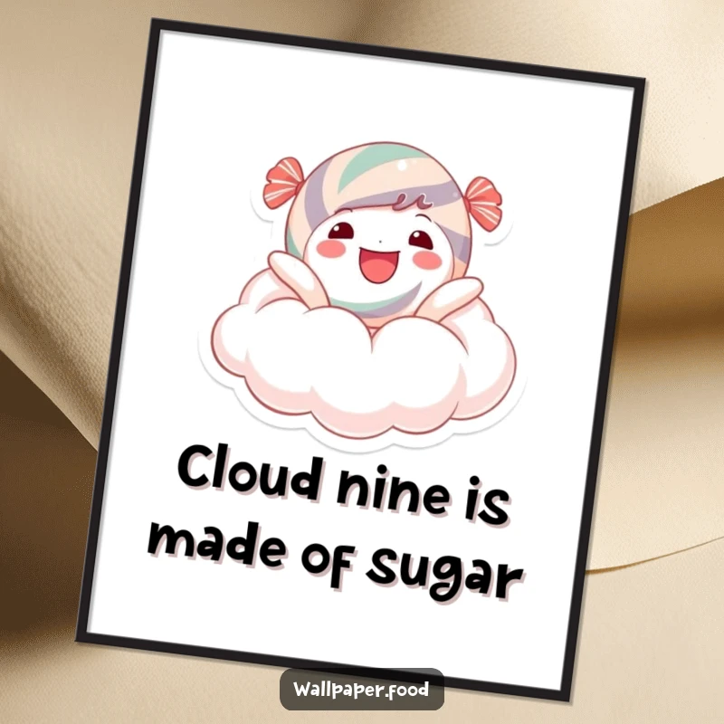 Funny free printable wall art of a cheerful candy character floating peacefully on a large, fluffy white cloud. A whimsical, downloadable piece.