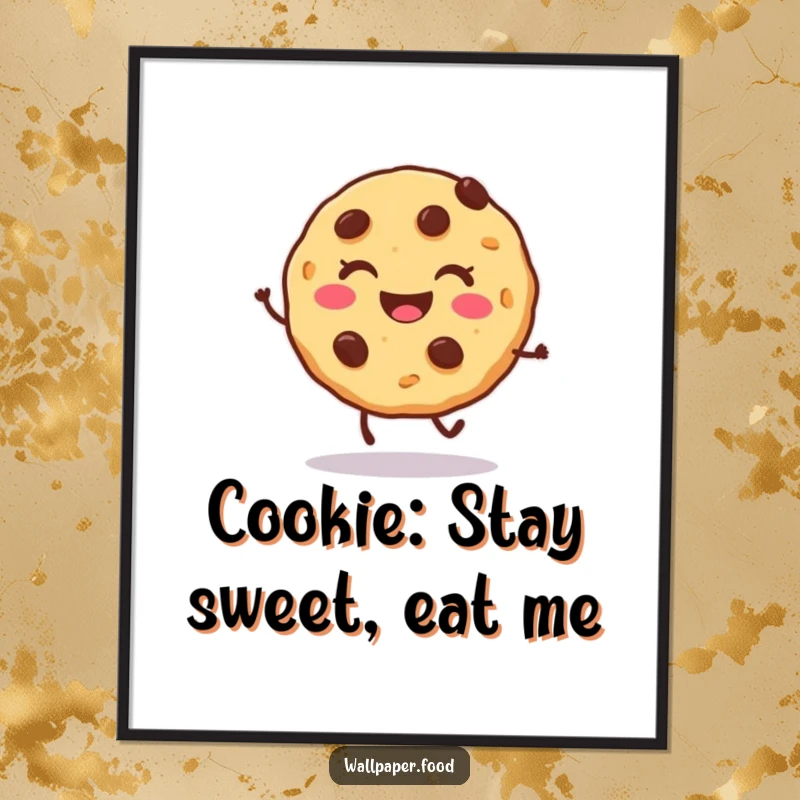 Funny Free Printable Wall Art: A smiling cookie character with chocolate chips doing an energetic and joyful hop.