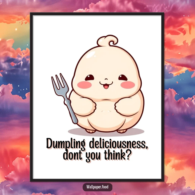 Funny Free Printable Wall Art: A proud dumpling with rosy cheeks holds a tiny fork, looking hilariously pleased with itself.