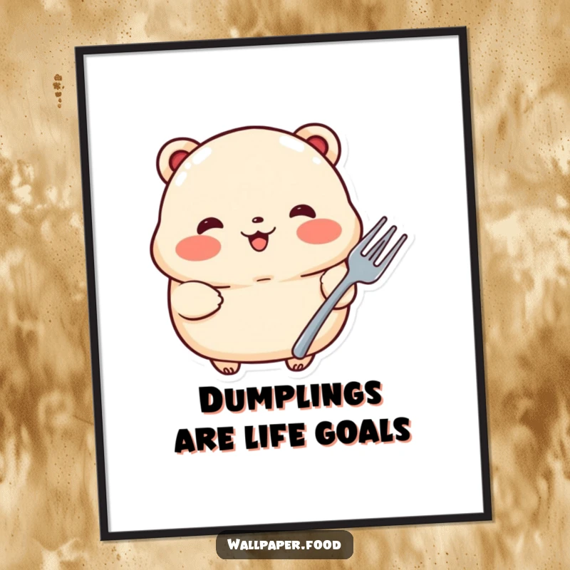 Funny Free Printable Wall Art: A proud dumpling with rosy cheeks clutches a tiny fork, adding foodie charm.