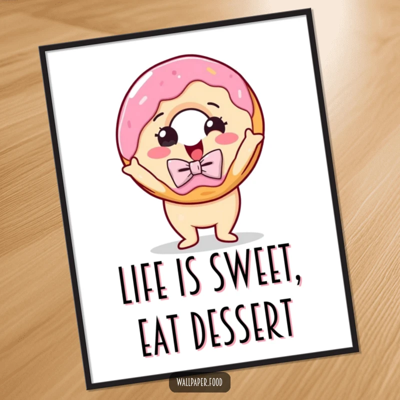 Funny Free Printable Dapper Donut Wall Art: A delighted donut in a bow tie strikes a dramatic pose, perfect for downloadable art.