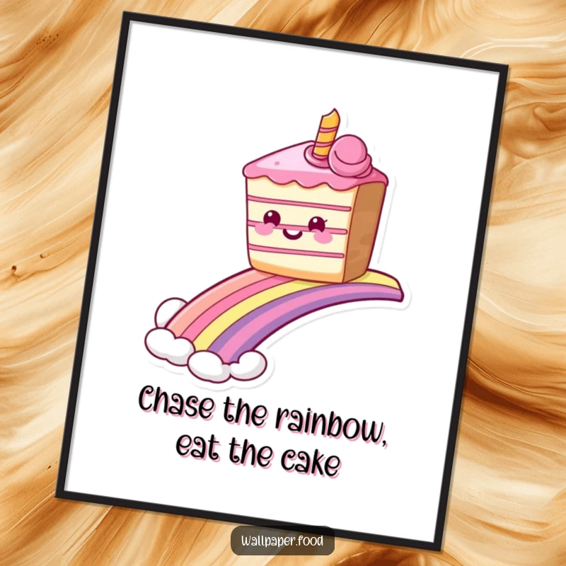 Funny Free Printable Wall Art: A grinning piece of cake joyfully sliding down a vibrant rainbow, creating sweet, colorful decor.
