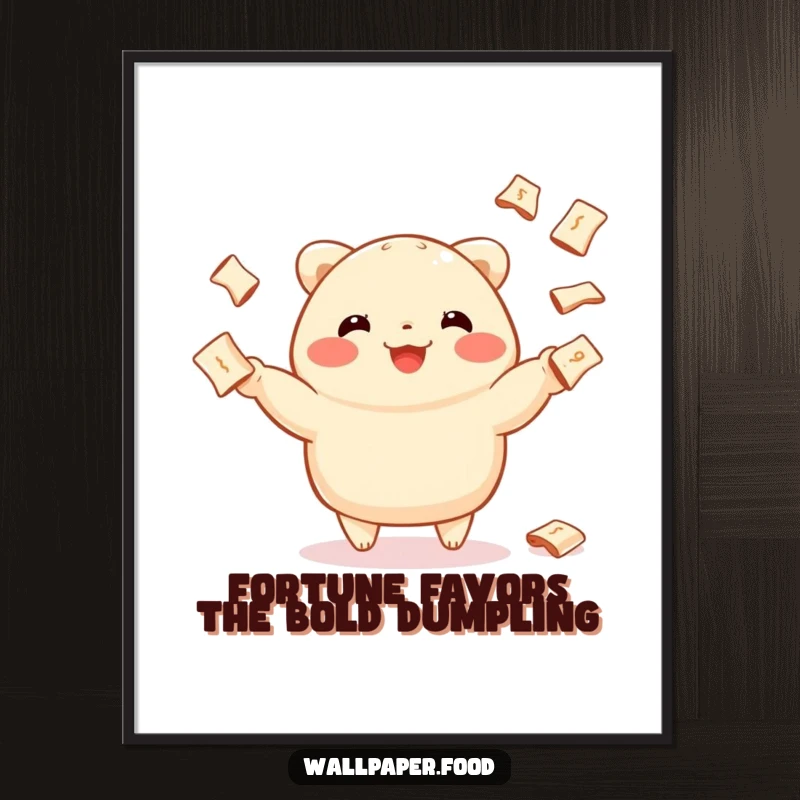 Funny Free Printable Wall Art: A cheerful dumpling character gleefully juggling miniature fortune cookies, perfect for kitchen decor.
