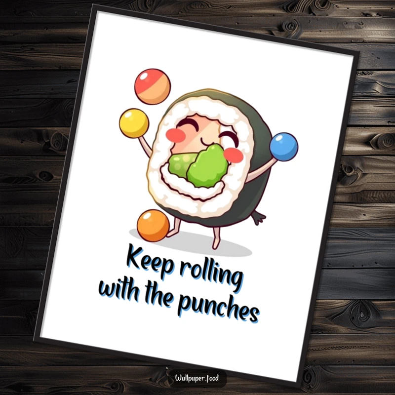 Free Printable Wall Art: Grinning sushi roll character with tiny feet skillfully juggling three colorful balls, adding unique decor.