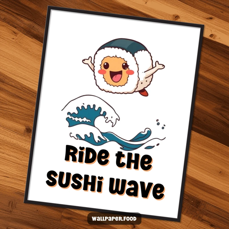 Funny Free Printable Sushi Wall Art: A cheerful sushi roll leaps happily over stylized wave patterns, bringing playful energy to decor.