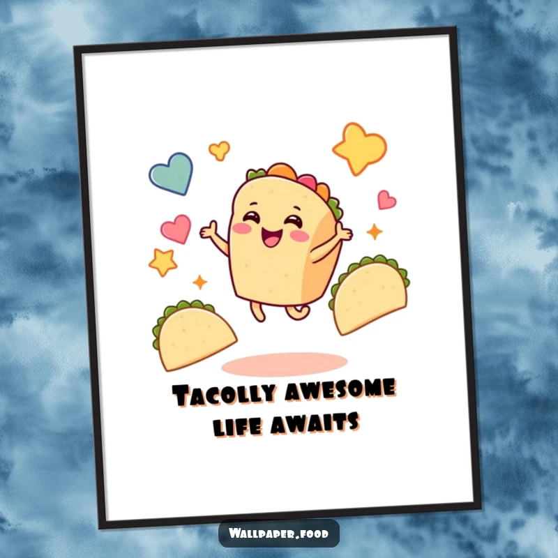 Funny Free Printable Taco Wall Art: A smiling taco joyfully dances amidst floating taco shapes, creating vibrant and humorous decor.