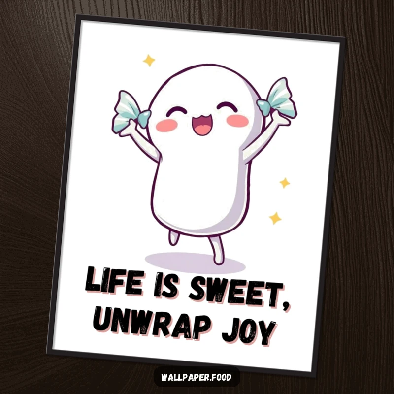 Funny Free Printable Wall Art: A dancing candy with an excited, shimmering wrapper brings a burst of energetic fun to your space.