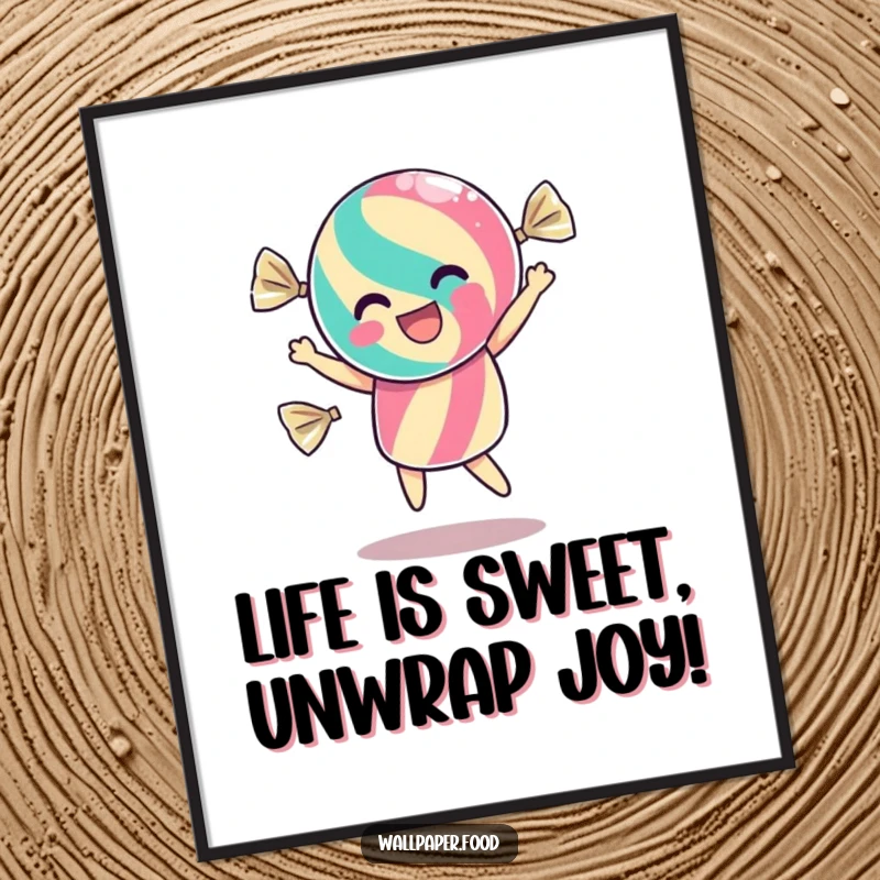 Funny Free Printable Wall Art: A candy happily dances in its wrapper, shimmering with excitement and playful energy.